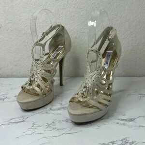 Jennifer Lopez Champagne Crystal Embellished T-Strap Platform Heels